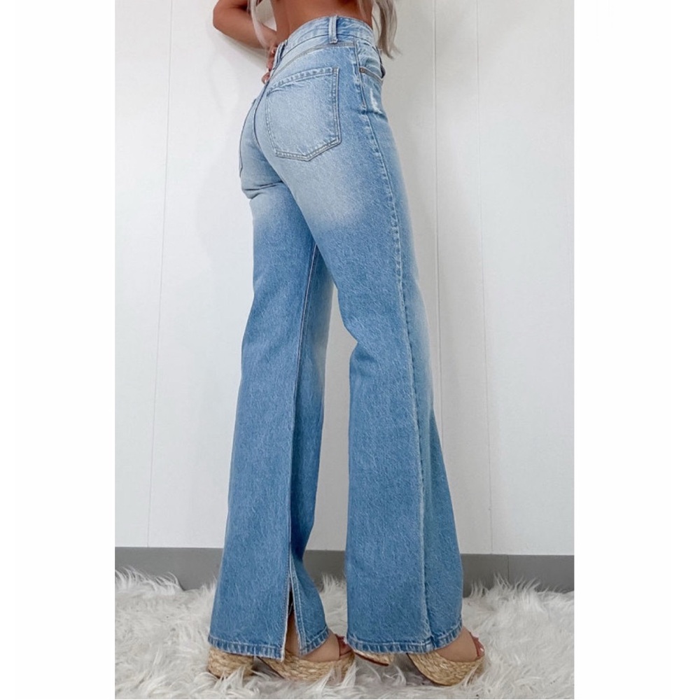 Light Blue High Rise Shift Slit Straight Leg Jeans - Picture 3 of 14